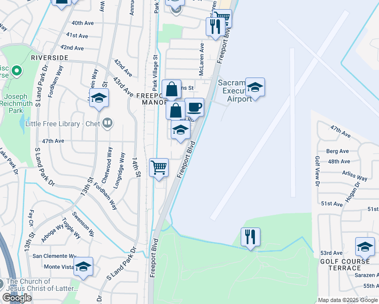 map of restaurants, bars, coffee shops, grocery stores, and more near Freeport Boulevard in Sacramento County