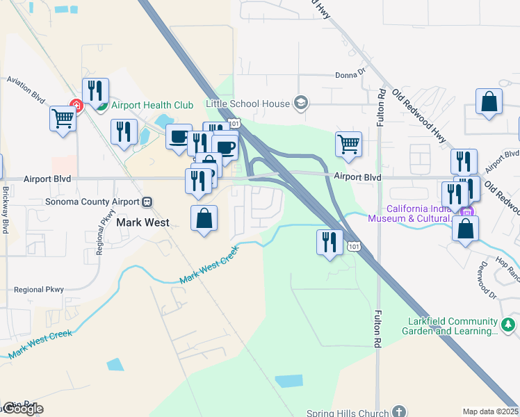 map of restaurants, bars, coffee shops, grocery stores, and more near 5193 Whispering Creek Drive in Santa Rosa