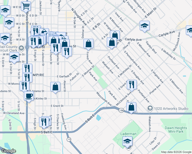map of restaurants, bars, coffee shops, grocery stores, and more near 533 Park Avenue in Belleville