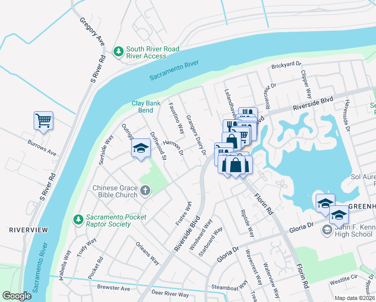 map of restaurants, bars, coffee shops, grocery stores, and more near 6405 Harmon Drive in Sacramento