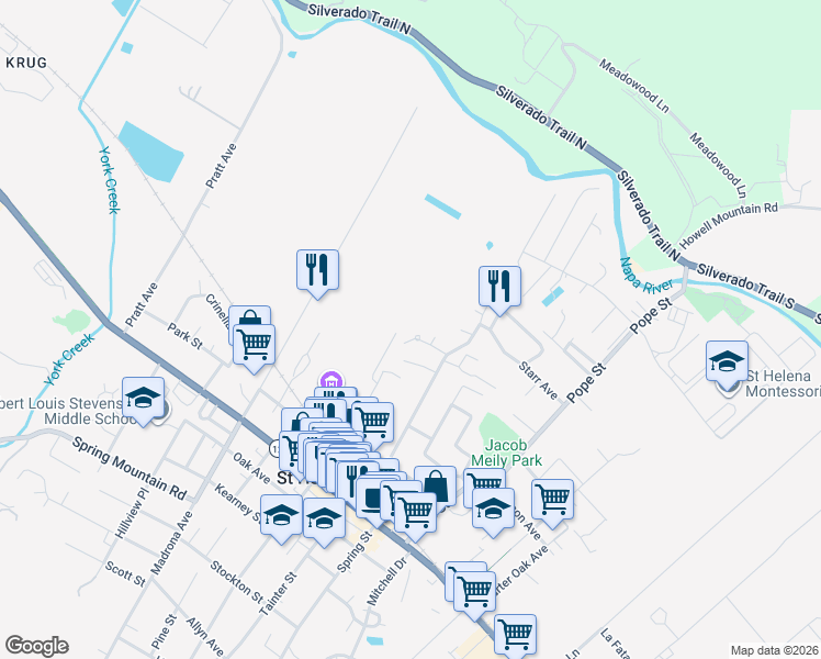 map of restaurants, bars, coffee shops, grocery stores, and more near 1366 Monte Vista Avenue in Saint Helena