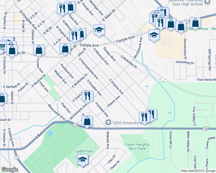 map of restaurants, bars, coffee shops, grocery stores, and more near 501 South Pennsylvania Avenue in Belleville