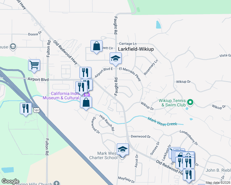 map of restaurants, bars, coffee shops, grocery stores, and more near 5231 Faught Road in Larkfield-Wikiup
