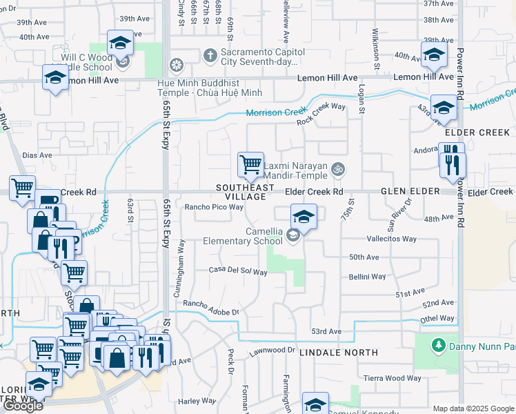 map of restaurants, bars, coffee shops, grocery stores, and more near 7032 Elder Creek Road in Sacramento