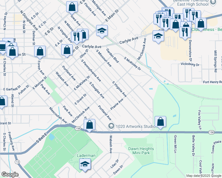 map of restaurants, bars, coffee shops, grocery stores, and more near 501 South Pennsylvania Avenue in Belleville