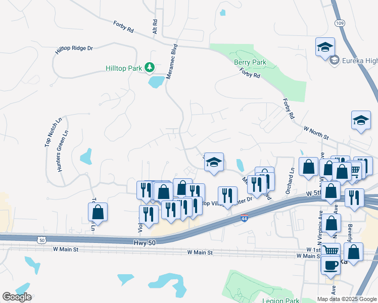 map of restaurants, bars, coffee shops, grocery stores, and more near 119 Edward Drive in Eureka