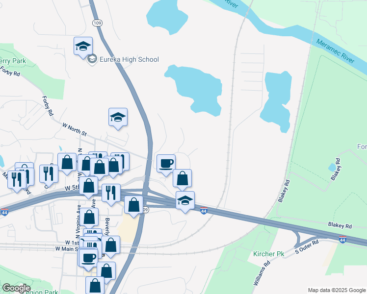 map of restaurants, bars, coffee shops, grocery stores, and more near 74 White Doe Court in Eureka