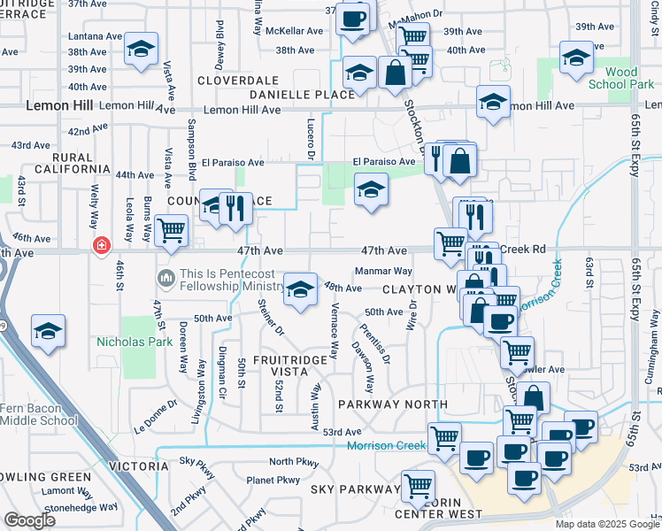 map of restaurants, bars, coffee shops, grocery stores, and more near 5611 Manmar Way in Sacramento
