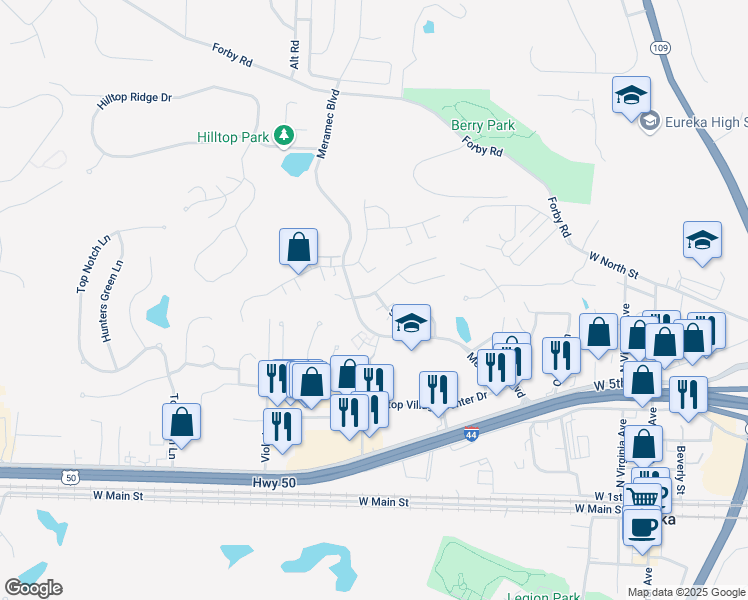 map of restaurants, bars, coffee shops, grocery stores, and more near 119 Edward Drive in Eureka