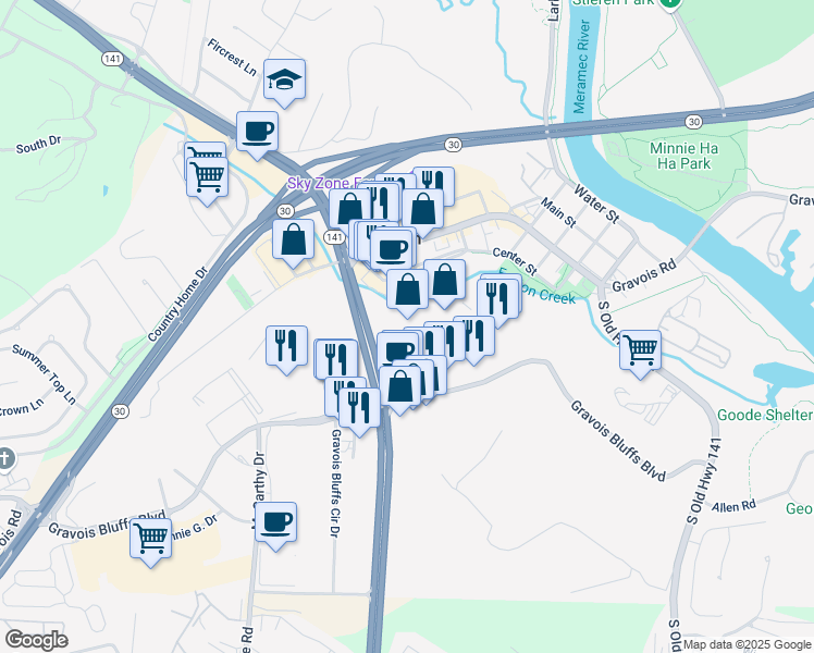map of restaurants, bars, coffee shops, grocery stores, and more near 115 Gravois Bluffs Plaza Drive in Fenton