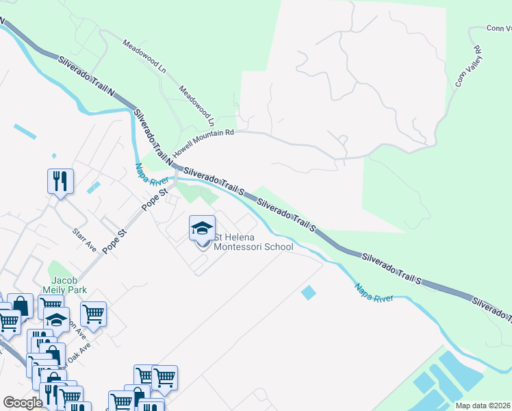 map of restaurants, bars, coffee shops, grocery stores, and more near 401 Silverado Trail South in Saint Helena