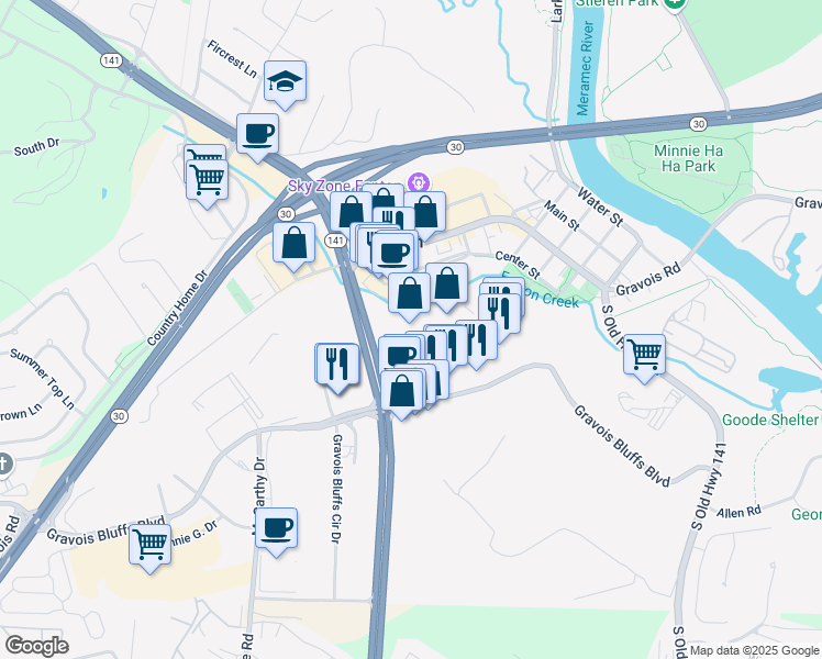 map of restaurants, bars, coffee shops, grocery stores, and more near 115 Gravois Bluffs Plaza Drive in Fenton