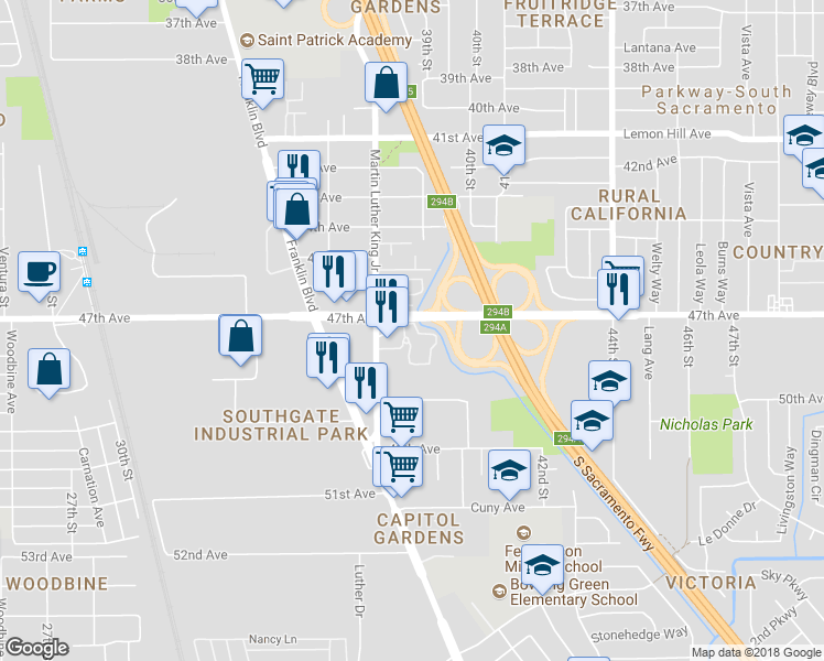 map of restaurants, bars, coffee shops, grocery stores, and more near 3900 47th Avenue in Sacramento