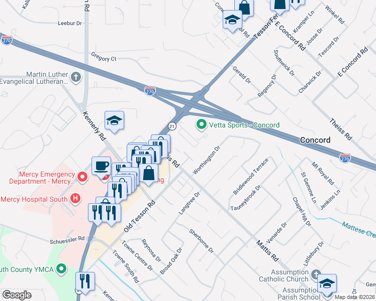 map of restaurants, bars, coffee shops, grocery stores, and more near 5139 Mattis Road in St. Louis
