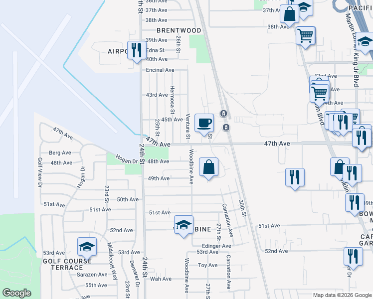 map of restaurants, bars, coffee shops, grocery stores, and more near 6424 Woodbine Avenue in Sacramento