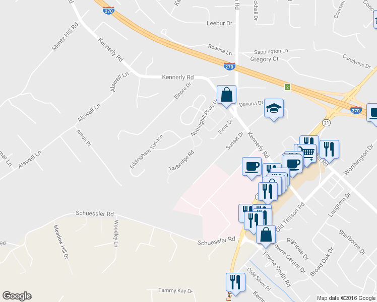 map of restaurants, bars, coffee shops, grocery stores, and more near 10183 Tanbridge Road in St. Louis