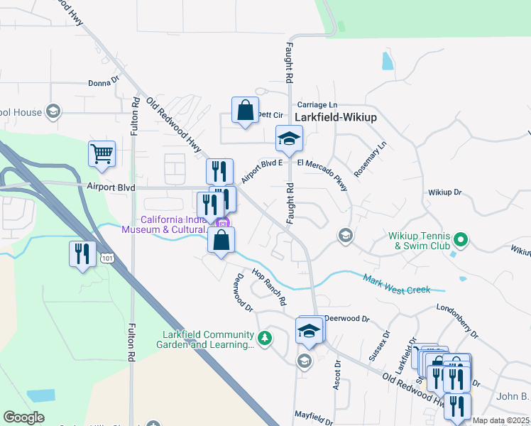 map of restaurants, bars, coffee shops, grocery stores, and more near 5248 Old Redwood Highway in Santa Rosa