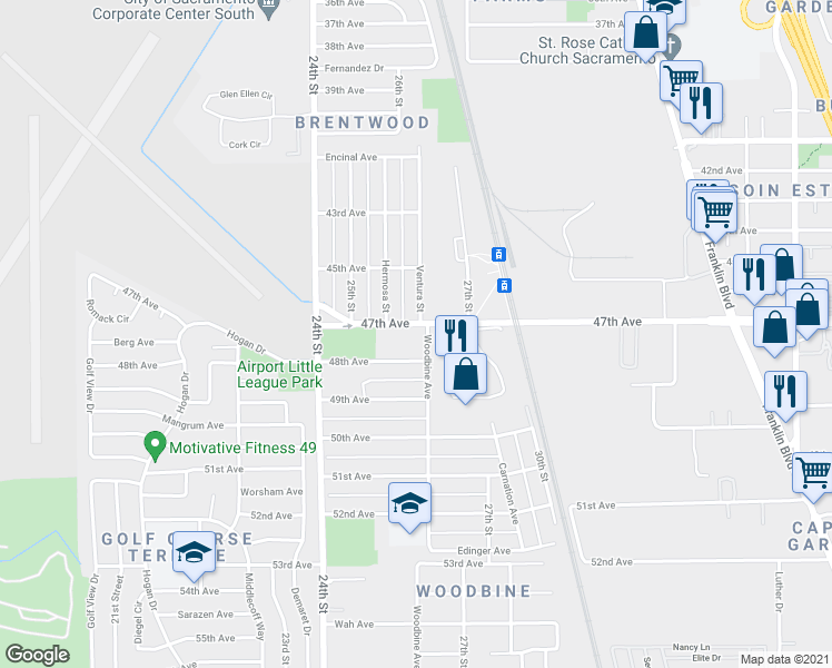 map of restaurants, bars, coffee shops, grocery stores, and more near 6424 Woodbine Avenue in Sacramento