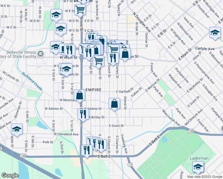 map of restaurants, bars, coffee shops, grocery stores, and more near 222 East Garfield Street in Belleville