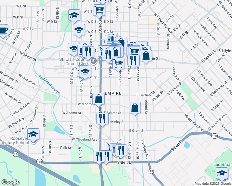 map of restaurants, bars, coffee shops, grocery stores, and more near 401 South Jackson Street in Belleville