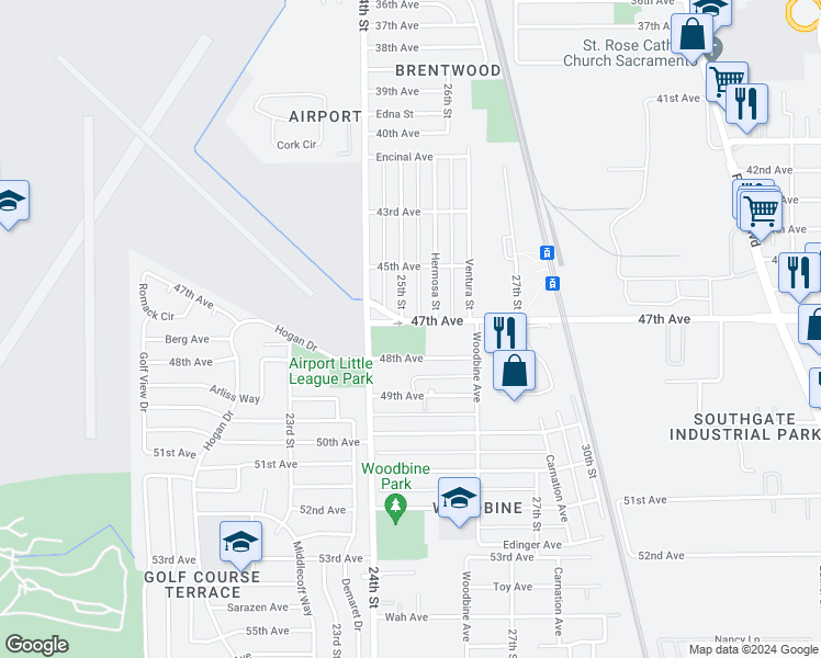 map of restaurants, bars, coffee shops, grocery stores, and more near 2500 47th Avenue in Sacramento