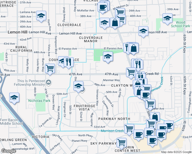 map of restaurants, bars, coffee shops, grocery stores, and more near 5412 47th Avenue in Sacramento