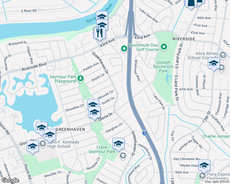 map of restaurants, bars, coffee shops, grocery stores, and more near 1 Sunlit Circle in Sacramento
