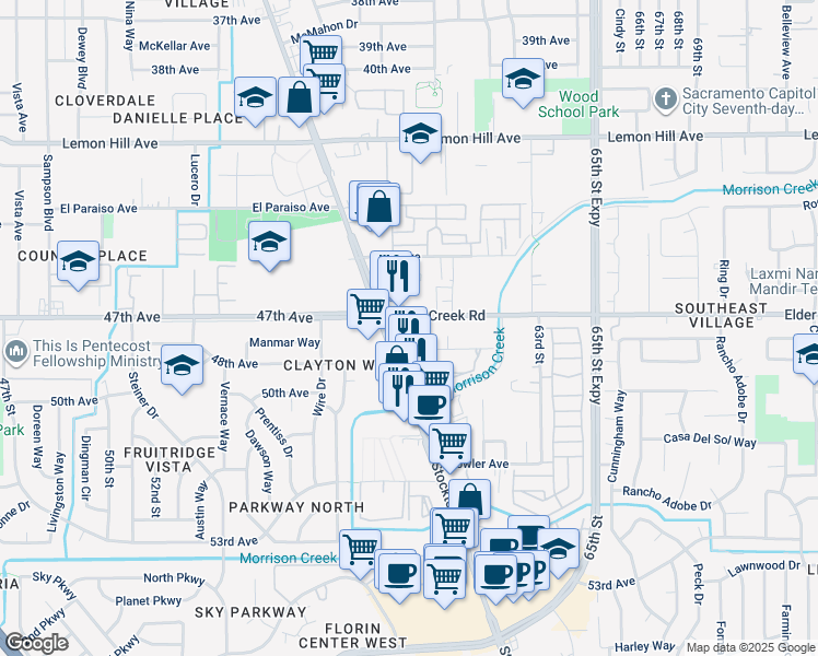 map of restaurants, bars, coffee shops, grocery stores, and more near 6434 Stockton Boulevard in Sacramento