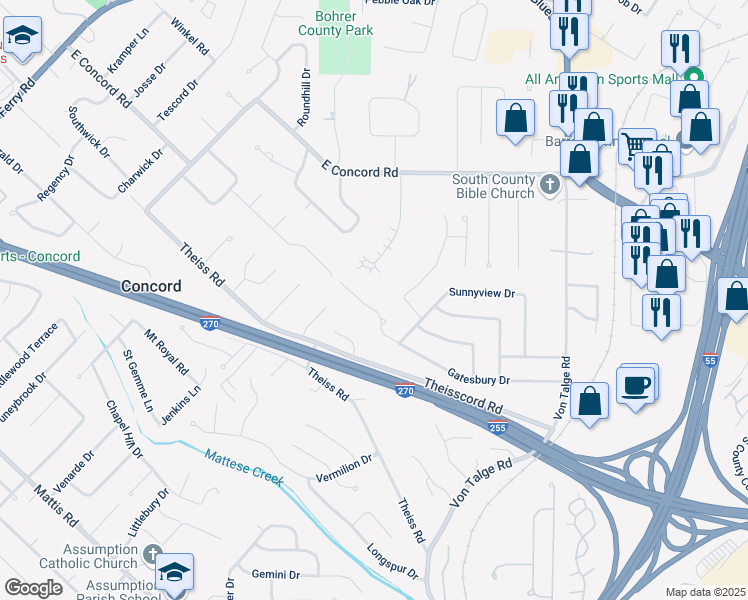 map of restaurants, bars, coffee shops, grocery stores, and more near 4838 Gatesbury Drive in St. Louis