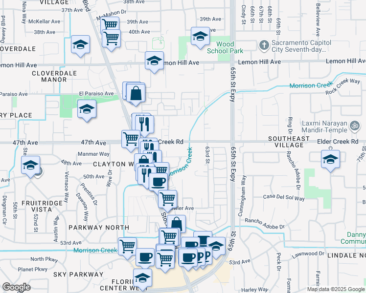 map of restaurants, bars, coffee shops, grocery stores, and more near 6125 48th Avenue in Sacramento