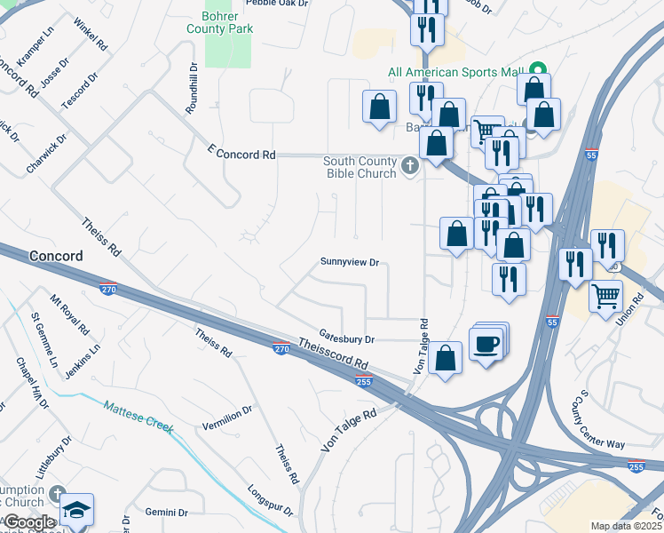 map of restaurants, bars, coffee shops, grocery stores, and more near 4765 Sunnyview Drive in St. Louis
