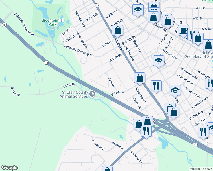 map of restaurants, bars, coffee shops, grocery stores, and more near 3 Cedar Drive in Belleville