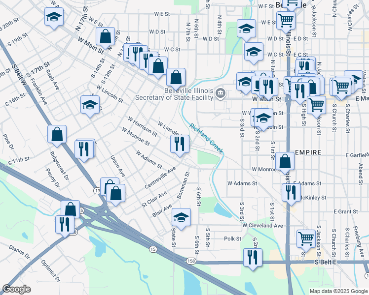 map of restaurants, bars, coffee shops, grocery stores, and more near 606 West Lincoln Street in Belleville