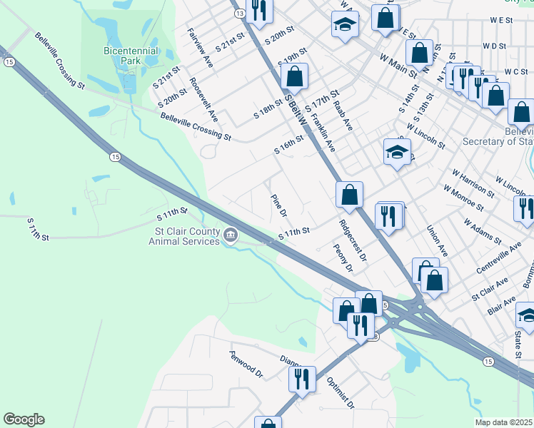 map of restaurants, bars, coffee shops, grocery stores, and more near 3 Cedar Drive in Belleville