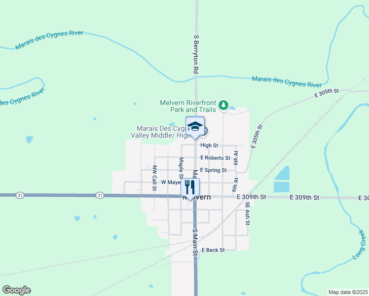 map of restaurants, bars, coffee shops, grocery stores, and more near 125-143 Northwest High Street in Melvern