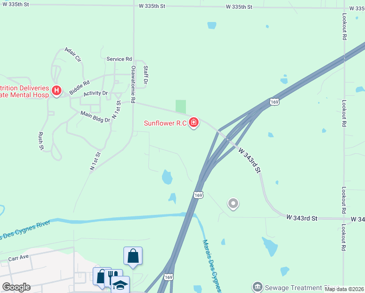 map of restaurants, bars, coffee shops, grocery stores, and more near 29875 West 339th Street in Osawatomie