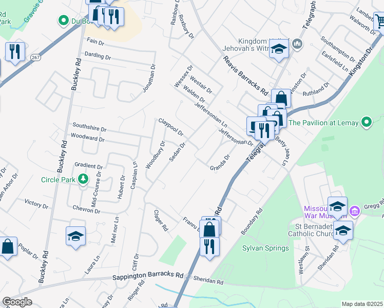 map of restaurants, bars, coffee shops, grocery stores, and more near 581 Claypool Drive in St. Louis