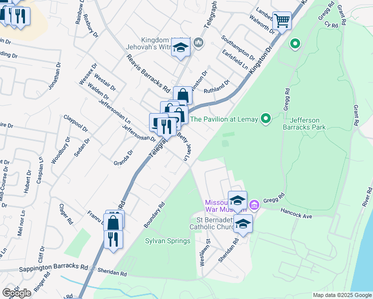 map of restaurants, bars, coffee shops, grocery stores, and more near 122 Betty Jean Lane in St. Louis