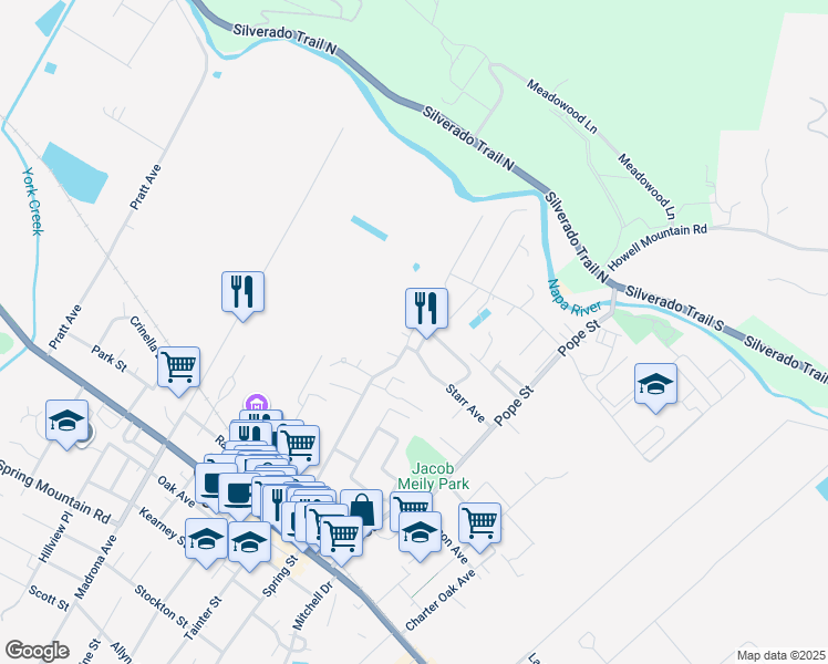 map of restaurants, bars, coffee shops, grocery stores, and more near 1188 Meadowcreek Circle in St. Helena