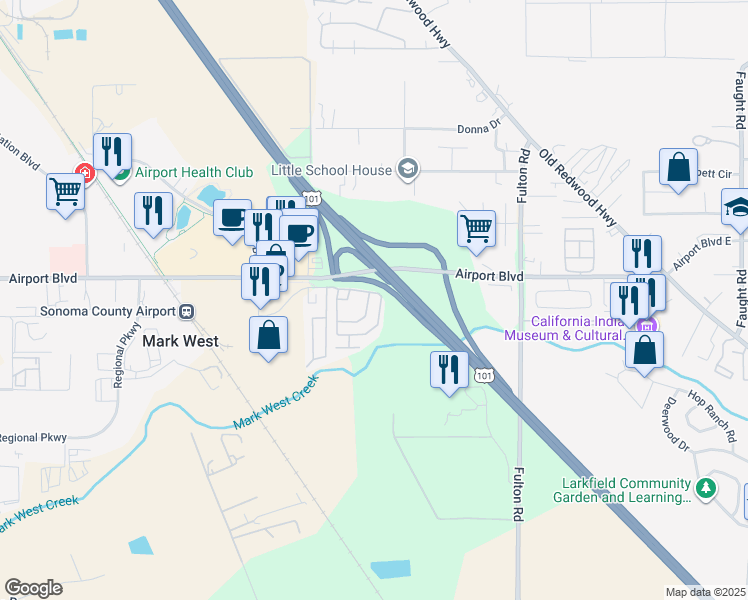 map of restaurants, bars, coffee shops, grocery stores, and more near Airport Boulevard in Santa Rosa