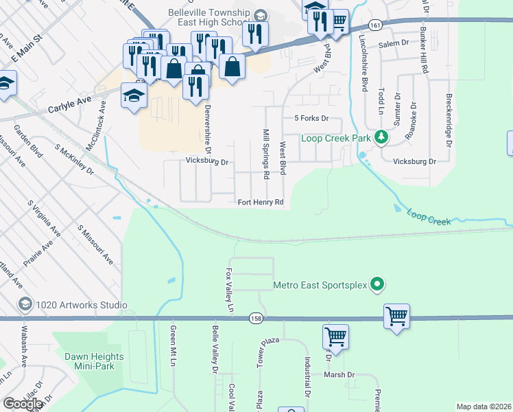 map of restaurants, bars, coffee shops, grocery stores, and more near 3317 Mill Springs Road in Belleville