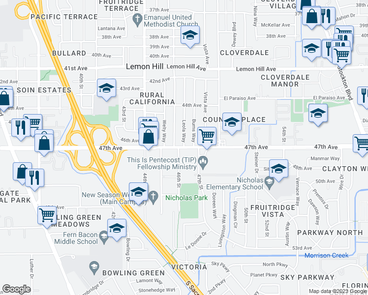 map of restaurants, bars, coffee shops, grocery stores, and more near 47th Ave & Leola Way in Parkway-South Sacramento