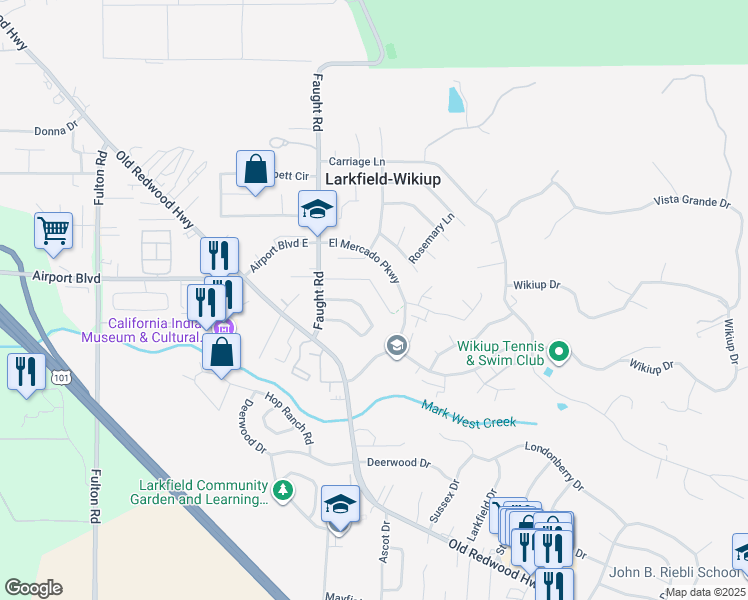 map of restaurants, bars, coffee shops, grocery stores, and more near 320 Kiva Place in Santa Rosa