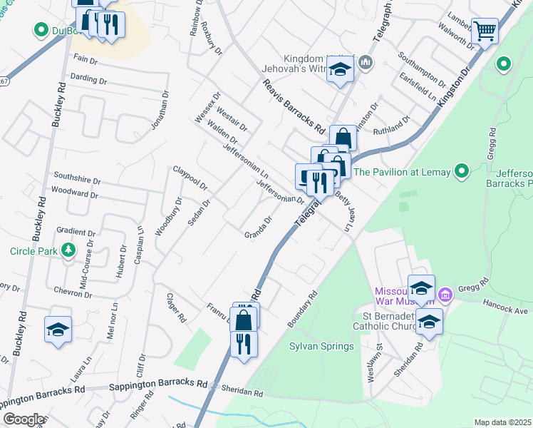 map of restaurants, bars, coffee shops, grocery stores, and more near 2725 Granda Drive in Saint Louis