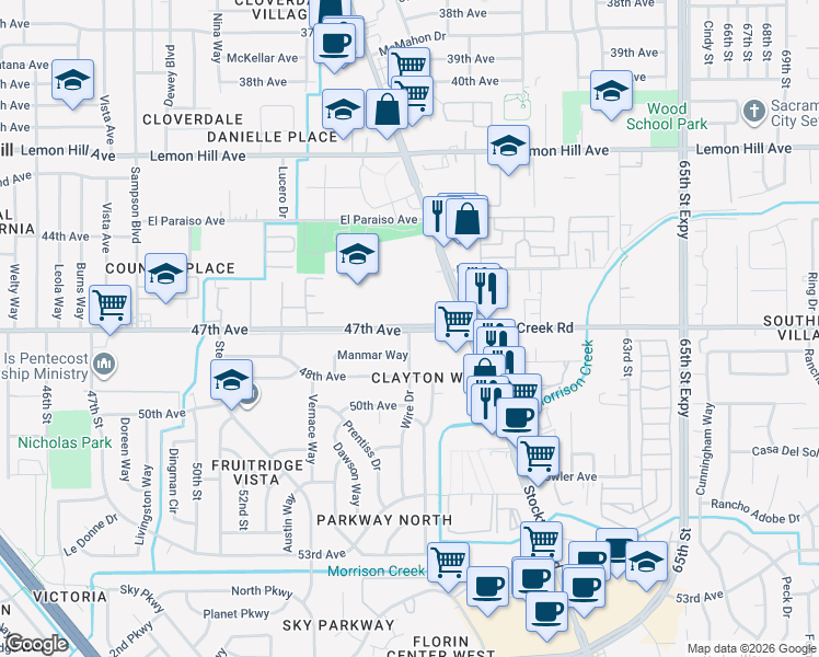 map of restaurants, bars, coffee shops, grocery stores, and more near 5735 47th Avenue in Sacramento