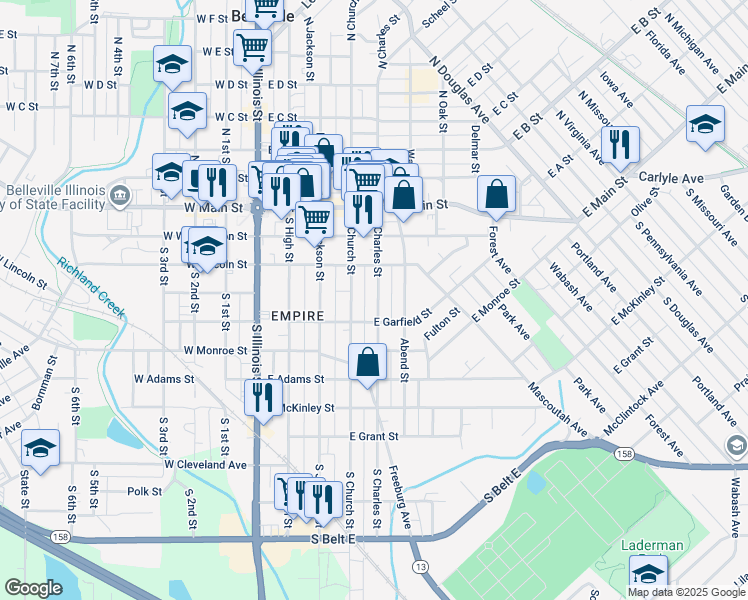 map of restaurants, bars, coffee shops, grocery stores, and more near 301 South Charles Street in Belleville