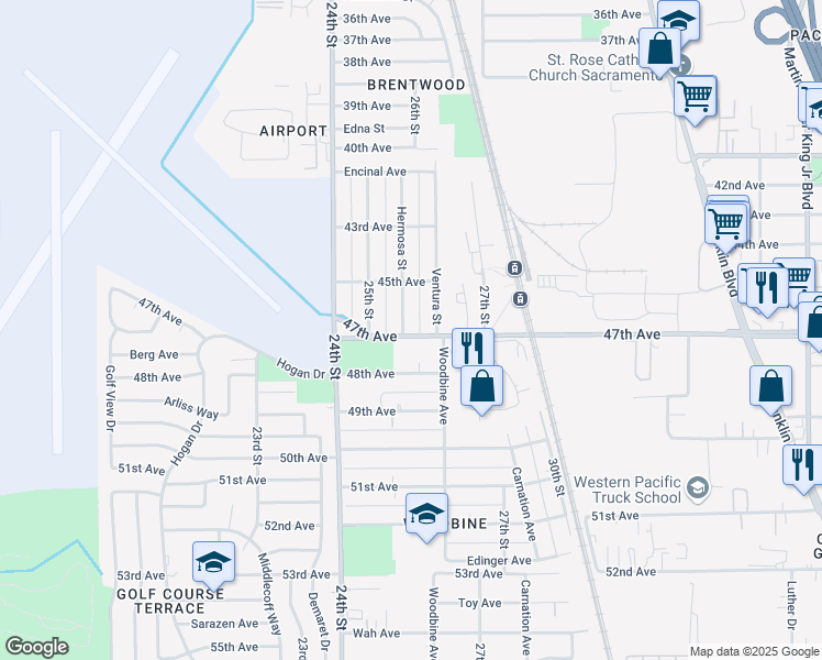 map of restaurants, bars, coffee shops, grocery stores, and more near 6369 Hermosa Street in Sacramento