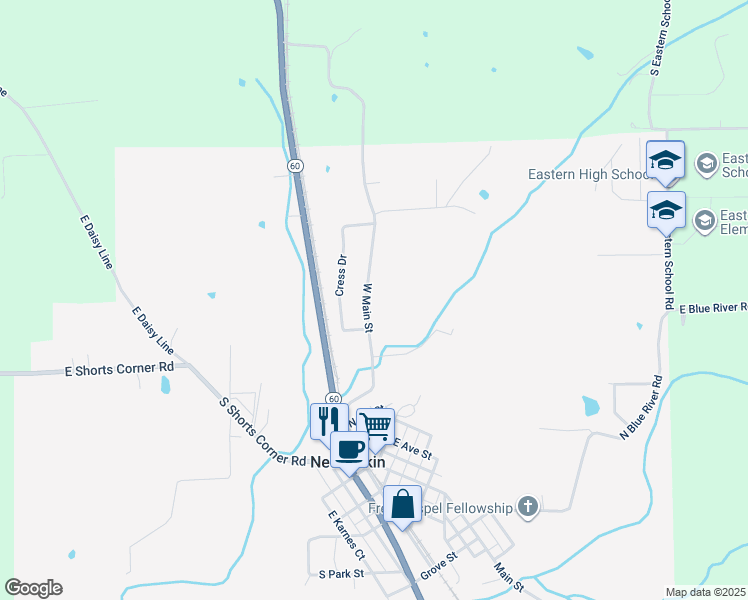 map of restaurants, bars, coffee shops, grocery stores, and more near 503 West Main Street in New Pekin