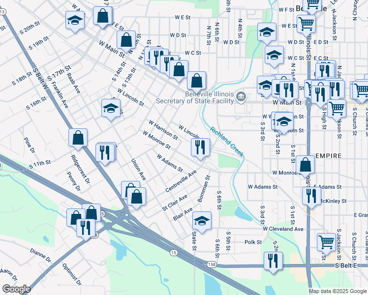 map of restaurants, bars, coffee shops, grocery stores, and more near 708 West Harrison Street in Belleville