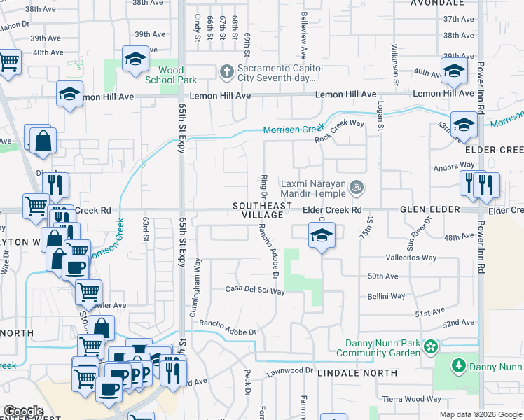 map of restaurants, bars, coffee shops, grocery stores, and more near Elder Creek Road & Rancho Adobe Drive in Sacramento